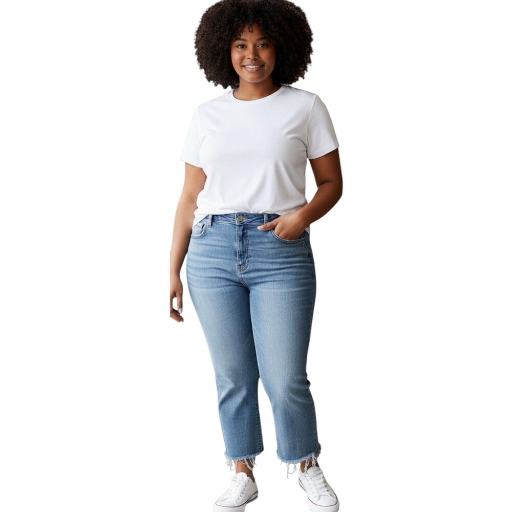 KUT from the Kloth Women's 20W Light Wash High Rise Straight Crop Jeans Raw Hem